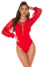 Sexy Body mit transparenten Mesh-Einsätzen und Chiffon-Ärmeln - rot