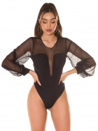 Sexy Body mit transparenten Mesh-Einsätzen und Chiffon-Ärmeln - schwarz