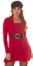 Feinstrick-Minikleid im Zwei-in-Ein Look mit Zier-Gürtel und Strass-Steinchen - rot