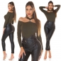 Preview: Schulterfreier Strick-Pulli mit Strassverzierung - khaki