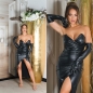 Preview: Sexy Lederlook Minikleid Bandeau-Ausschnitt und Handschuhen - schwarz