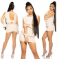 Preview: Sexy Party-Minikleid mit geschlitzten Ärmeln und Schmucknetzen - beige