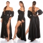 Preview: Seidig glänzendes Satin Kleid mit Carmen-Ausschnitt - schwarz
