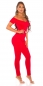 Preview: Figurbetonter Carmen-Overall mit eleganter goldfarbener Schnalle - rot