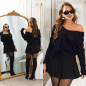 Preview: Grobstrick-Pullover mit Zopfmuster und tiefem V-Ausschnitt - schwarz