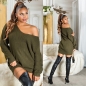 Preview: Oversize-Grobstrickpullover mit extra weitem V-Ausschnitt - khaki
