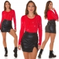 Preview: Taillierter Glattstrick-Pullover mit Strassverzierung - rot