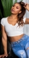 Preview: Bauchfreies Shirt mit sexy Schlitz-Cut-Out in weiß
