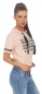 Preview: Bauchfreies Shirt mit Kapuze und großem Schrift-Print - rosa
