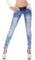Preview: Helle Röhrenjeans mit Rissen und Glamour-Gürtel in acid blue