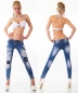 Preview: Crash-Röhrenjeans im sexy Vintage-Look mit Patches und Spitze - blue washed