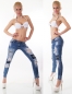 Preview: Crash-Röhrenjeans im sexy Vintage-Look mit Patches und Spitze - blue washed
