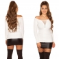 Preview: Taillierter Rippstrick-Pullover mit Strass-Zipper - weiß
