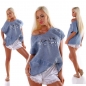 Preview: Oversize Shirt mit Pailletten- Schriftzug- Verzierung - blau