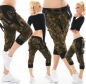 Preview: Capri Freizeithose im Camouflage-Look mit Zier-Bändern - khaki