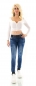 Preview: Slim Fit Röhren-Jeans mit Vintage-Effekten und breitem Kontrast-Gürtel in blue washed