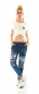 Preview: Modische Jogginghose im Denim Look mit Schriftzugprints in blau