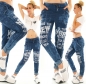 Preview: Modische Jogginghose im Denim Look mit Schriftzugprints in blau