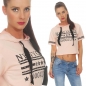 Preview: Bauchfreies Shirt mit Kapuze und großem Schrift-Print - rosa