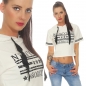 Preview: Bauchfreies Shirt mit Kapuze und großem Schrift-Print - cremé weiß