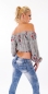 Preview: Bauchfreie Langarm-Bluse mit Carmen-Ausschnitt - rosa grau/rot