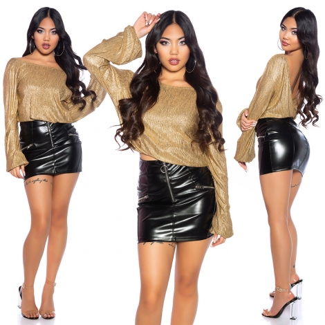 Metallic Langarm-Shirt mit Wasserfall-Ausschnitt in gold