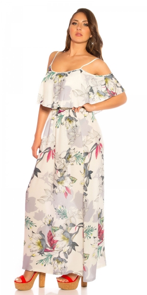Blümchen Maxi-Kleid mit Volant-Verzierung - cremé