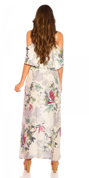 Blümchen Maxi-Kleid mit Volant-Verzierung - cremé