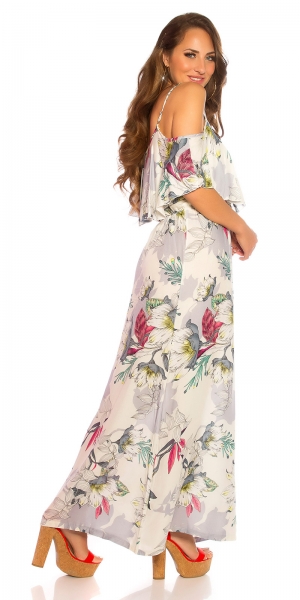 Blümchen Maxi-Kleid mit Volant-Verzierung - cremé