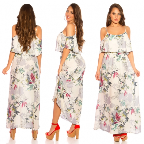Blümchen Maxi-Kleid mit Volant-Verzierung - cremé