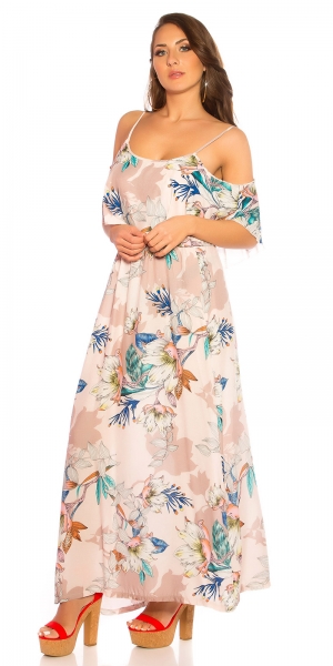 Blümchen Maxi-Kleid mit Volant-Verzierung - rosa