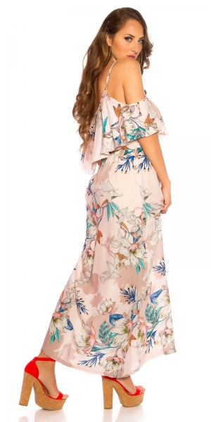 Blümchen Maxi-Kleid mit Volant-Verzierung - rosa