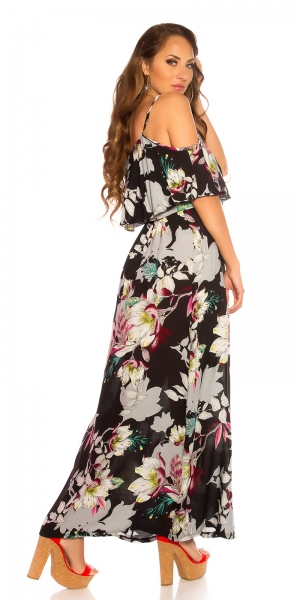Blümchen Maxi-Kleid mit Volant-Verzierung - schwarz