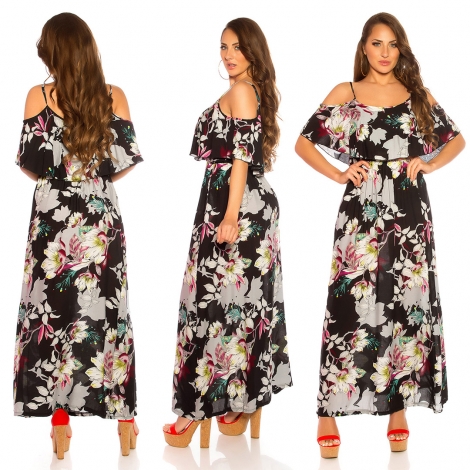 Blümchen Maxi-Kleid mit Volant-Verzierung - schwarz