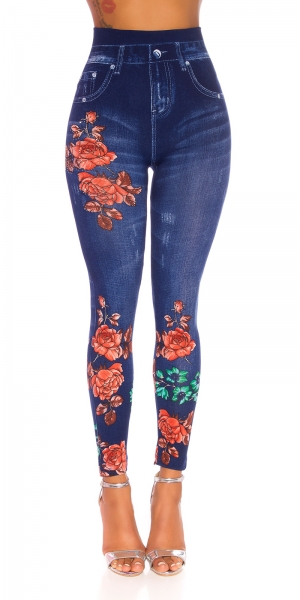 High Waist Leggings in Jeans-Optik mit Blüten-Prints - blue washed