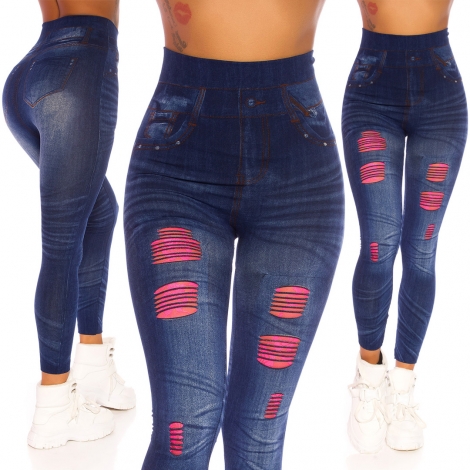 High Waist Leggings mit Spitzen-Cutouts - blau/pink