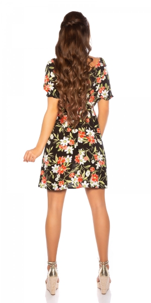 Blümchen Minikleid mit V-Ausschnitt - schwarz