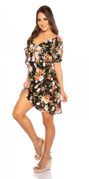 Blümchen Minikleid mit V-Ausschnitt - schwarz