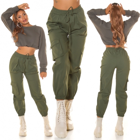 High Waist Hose im modischen Cargo-Look - khaki