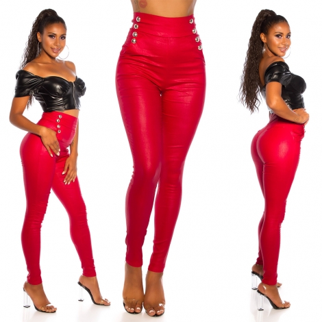 Sexy High-Waist-Hose im Lederlook mit Zierknöpfen - rot