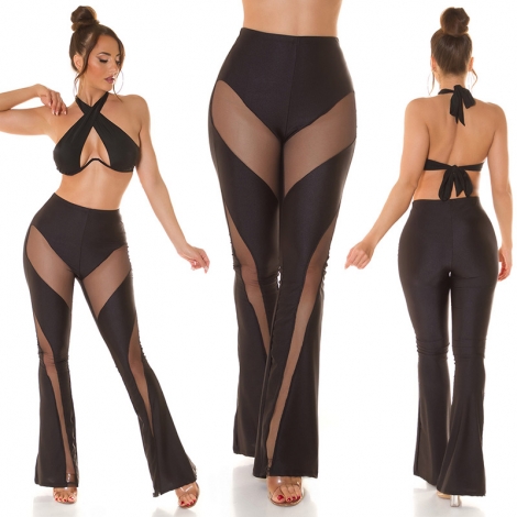 Exklusive Schlag Hose mit sexy Transparent-Einsätzen in schwarz