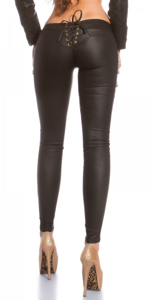 Wetlook-Treggings mit Nieten und Schnürung in schwarz