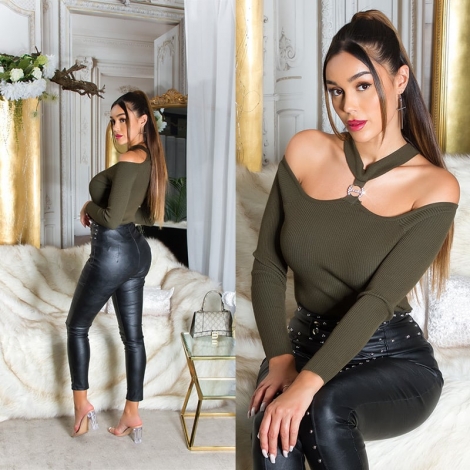Schulterfreier Strick-Pulli mit Strassverzierung - khaki