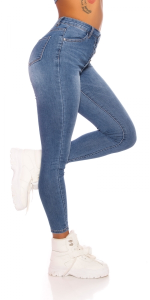 High Waist-Jeans mit diagonalier Knopfleiste in blue washed