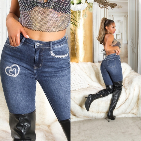 Sexy Stretch-Jeans mit Strass Verzierung - blue washed