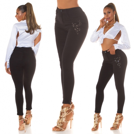 Stretch Jeans mit dezenter Strass-Verzierung - schwarz