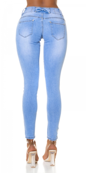 Sexy High Waist Skinny Jeans mit Schleifen-Verzierung in blue washed