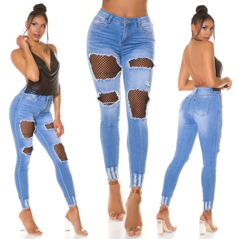 High Waist Skinny-Jeans mit Löchern und Netz-Einsätzen - blue washed