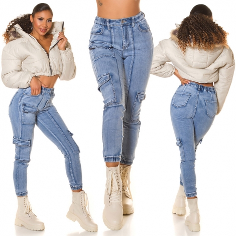 High Waist Jeans im Cargo-Design mit Pattentaschen - blue washed