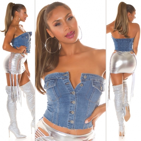 Sexy bauchfreies Jeans Bandeau-Top mit Knöpfen - blue washed